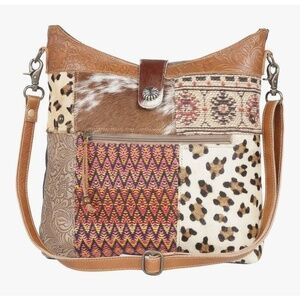 NWT Myra Womens Shoulder Bag Patchwork Leather Cowhide Leopard Print Bohemian